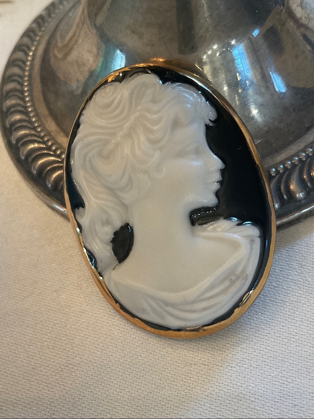 Vintage Classic Black and White Cameo Brooch Signed EB